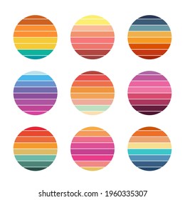 Retro sunset collection 80s style. Striped colorful circles 