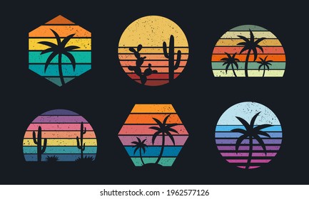 Retro sunset collection 80s style. Striped colorful shapes with tropical palms and cacti