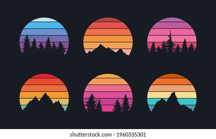 Retro sunset collection for banner print  80s style retrowave striped circles and mountains   forest trees