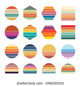 Retro sunset collection for banner or print. 80s style retrowave striped shapes with different forms and colors. 