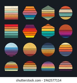 Retro sunset collection for banner or print. 80s style retrowave striped shapes with different forms and colors. Grunge effect