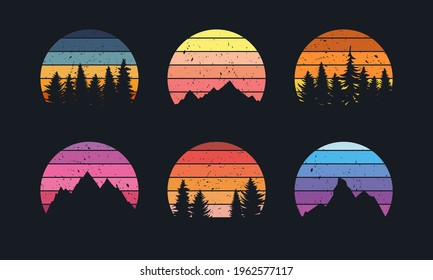 Retro sunset collection for banner or print. 80s style retrowave striped circles with mountains and forest trees