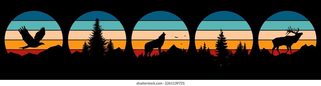 Colección de puesta de sol retro para banner o impresión. Los círculos de rayas de estilo años 80 con montañas y árboles forestales, lobo, águila, ciervo. Ilustración vectorial. Años 1990, 1980, 1970, 80, 90, 70. Vintage