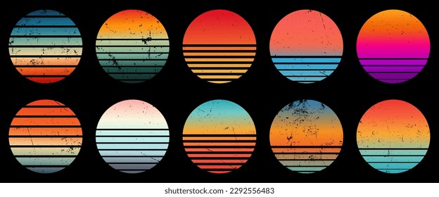 Retro sunset collection with gradient and grunge texture. Design for sticker, logo, icon, t-shirt or any purpose. Vector illustration 