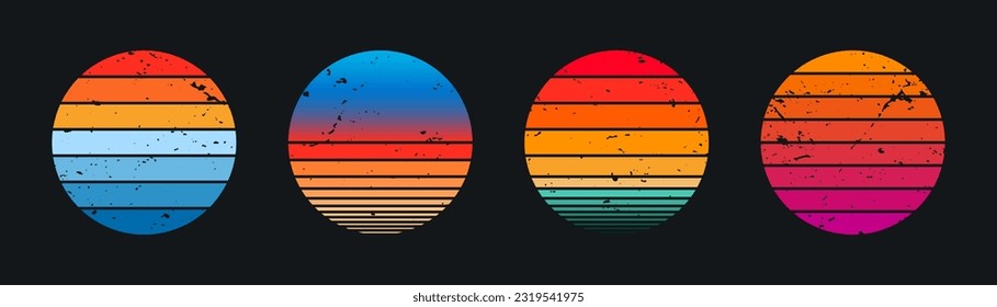 Retro sunset collection with grunge texture in vintage 80s style. Retro striped sun in round shape. Abstract sunset collection for print, t-shirt design and badges. Vector
