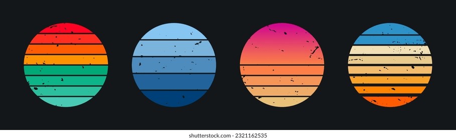 Retro sunset collection with grunge texture in vintage 80s style. Retro striped sun in round shape. Abstract sunset collection for print, t-shirt design and badges. Vector