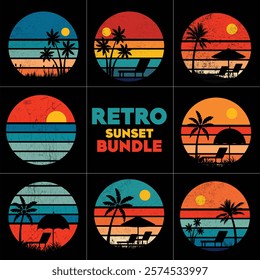 Retro sunset collection with grunge texture in vintage 70s style Retro striped sun in round shape