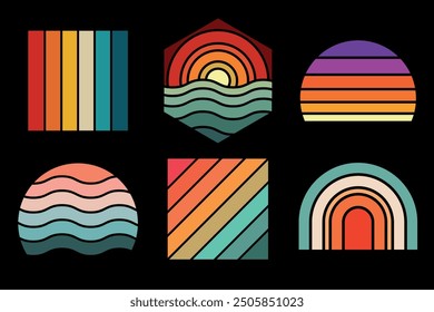 Retro sunset collection logo or t shirt vector template, 70's 80's style background for your print on demand product design.