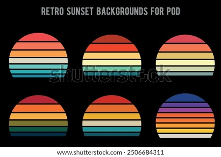 Retro sunset collection logo or t shirt vector template, 70's 80's style background for your print on demand product design.
