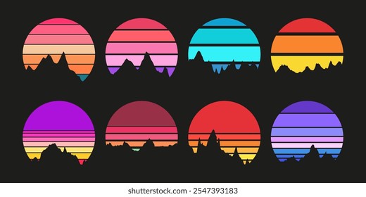 Retro sunset collection for poster or print. 80s style retrowave striped circles with beautiful mountains silhouettes