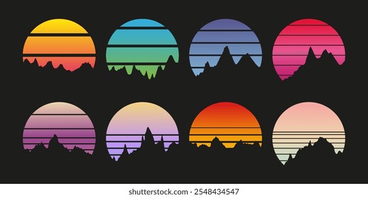 Retro sunset collection for poster or print. 80s style retrowave striped circles with beautiful mountains silhouettes