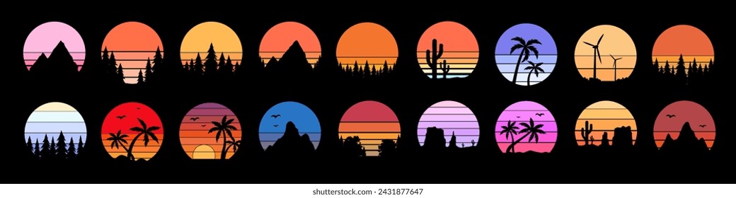 Colección retro sunset. Círculos de rayas.