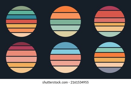 Retro sunset collection. Vintage striped sun. Vector set with coloured retro sun. Sunset background.