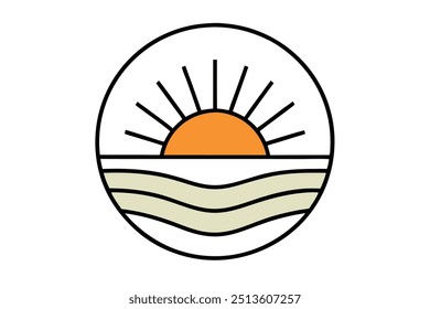 Retro sunset color vector line art illustration 
