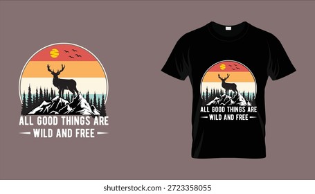 Ciervo retro de la puesta del sol en diseño de la camiseta de las montañas con paisaje del bosque y cita inspiradora