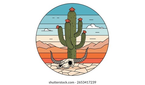 Retro sunset desert scene with saguaro cactus skull and mountains