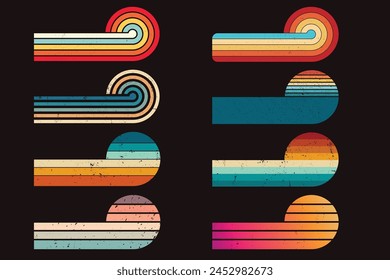 Retro sunset designs on black background. These Vintage style horizontal stripes retro sunsets are for print on demand, t-shirt design, book