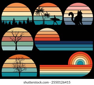 Retro sunset designs on black background. These Vintage style horizontal stripes retro sunsets are for print on demand, t-shirt design, book