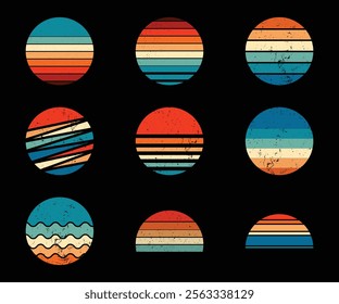 Retro sunset designs on black background. These Vintage style horizontal stripes retro sunsets are for print on demand, t-shirt design, book