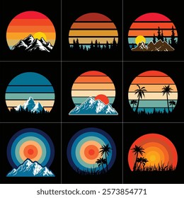 Retro sunset designs on a black background. These Vintage style horizontal stripes retro sunsets are for print on demand, t-shirt design, book