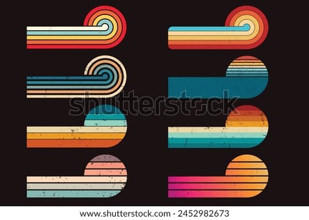 Retro sunset designs on black background. These Vintage style horizontal stripes retro sunsets are for print on demand, t-shirt design, book