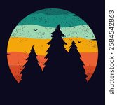 Retro sunset forest. 80s style grunge striped sunsets.Tourism or travel concept, adventure logo. Vector illustration.