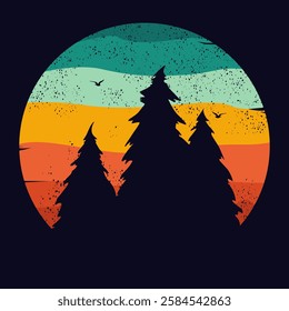 Retro sunset forest. 80s style grunge striped sunsets.Tourism or travel concept, adventure logo. Vector illustration.