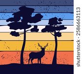 Retro sunset forest.Deer. 80s style grunge striped sunsets.Tourism or travel concept, adventure logo. Vector illustration. 