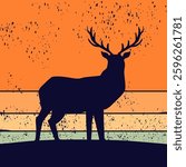 Retro sunset forest.Deer. 80s style grunge striped sunsets.Tourism or travel concept, adventure logo. Vector illustration. 