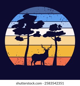 Retro sunset forest.Deer. 80s style grunge striped sunsets.Tourism or travel concept, adventure logo. Vector illustration. 