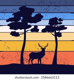 Retro sunset forest.Deer. 80s style grunge striped sunsets.Tourism or travel concept, adventure logo. Vector illustration. 