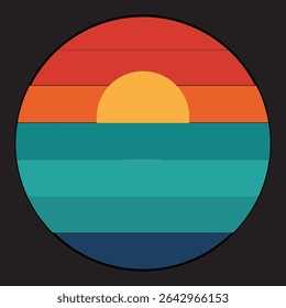 Retro Sunset Graphic with Ocean and Sky in a Circular Design