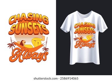 retro, sunset, hammock, t-shirt design, vintage, typography, palm trees, beach, summer, vacation, relaxation, tropical, graphic tee, illustration, sunset lover, beach vibes, chill, retro style