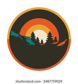 Retro Sunset Landscape Badge Illustration