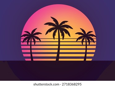 Paisaje de puesta de sol retro con siluetas de palmeras y un sol degradado