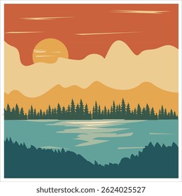 Retro Sunset Landscape with Pine Trees and Lake