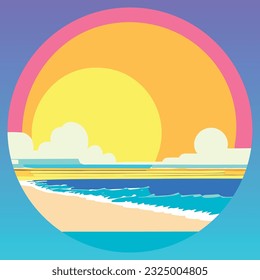 Retro sunset logo above the ocean with sun and water silhouette. Vector illustration