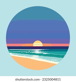 Retro sunset logo above the ocean with sun and water silhouette. Vector illustration