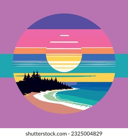 Logo de la puesta de sol retro sobre el océano con silueta de sol y agua. Ilustración del vector