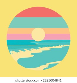 Logo de la puesta de sol retro sobre el océano con silueta de sol y agua. Ilustración del vector