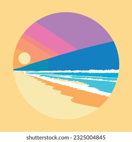 Logo de la puesta de sol retro sobre el océano con silueta de sol y agua. Ilustración del vector