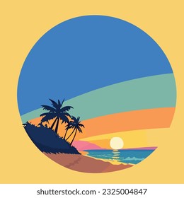 Retro sunset logo above the ocean with sun and water silhouette. Vector illustration