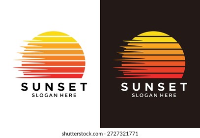 Retro Sunset Logo Design, Dynamic Sun with Horizontal Motion Lines for Summer Apparel, Vaporwave Music, and Tropical Beach Brand
