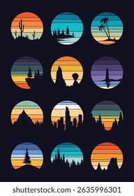 Retro sunset logo set in striped style. Circle colored vintage pictures for badges. Tourism or traveling concept, adventure logotype. Cartoon vector illustration