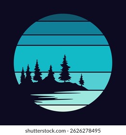 Retro sunset logo in striped style. Circle colored vintage pictures for badges. Tourism or traveling concept, adventure logotype. Cartoon vector illustration