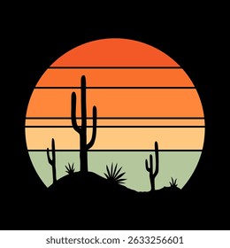 Retro sunset logo in striped style. Circle colored vintage pictures for badges. Tourism or traveling concept, adventure logotype. Cartoon vector illustration