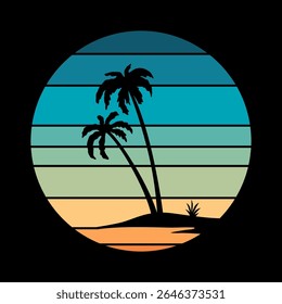 Logotipo do pôr do sol retrô em estilo listrado. Círculo colorido vintage imagens para distintivos. Turismo ou conceito de viagem, logotipo de aventura. Ilustração de vetor de desenhos animados
