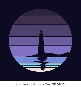 Retro sunset logo in striped style. Circle colored vintage pictures for badges. Tourism or traveling concept, adventure logotype. Cartoon vector illustration