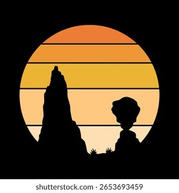 Retro sunset logo in striped style. Circle colored vintage pictures for badges. Tourism or traveling concept, adventure logotype. Cartoon vector illustration