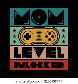 Retro sunset Mom t shirt design - Mom Level Unlocked- gaming funny t-shirt vector graphic design template, typographic poster.